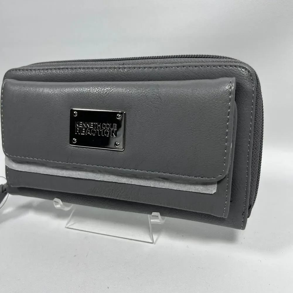 KENNETH COLE Wallet Womens REACTION Urban Organizer Leather Zip Around Gray NEW